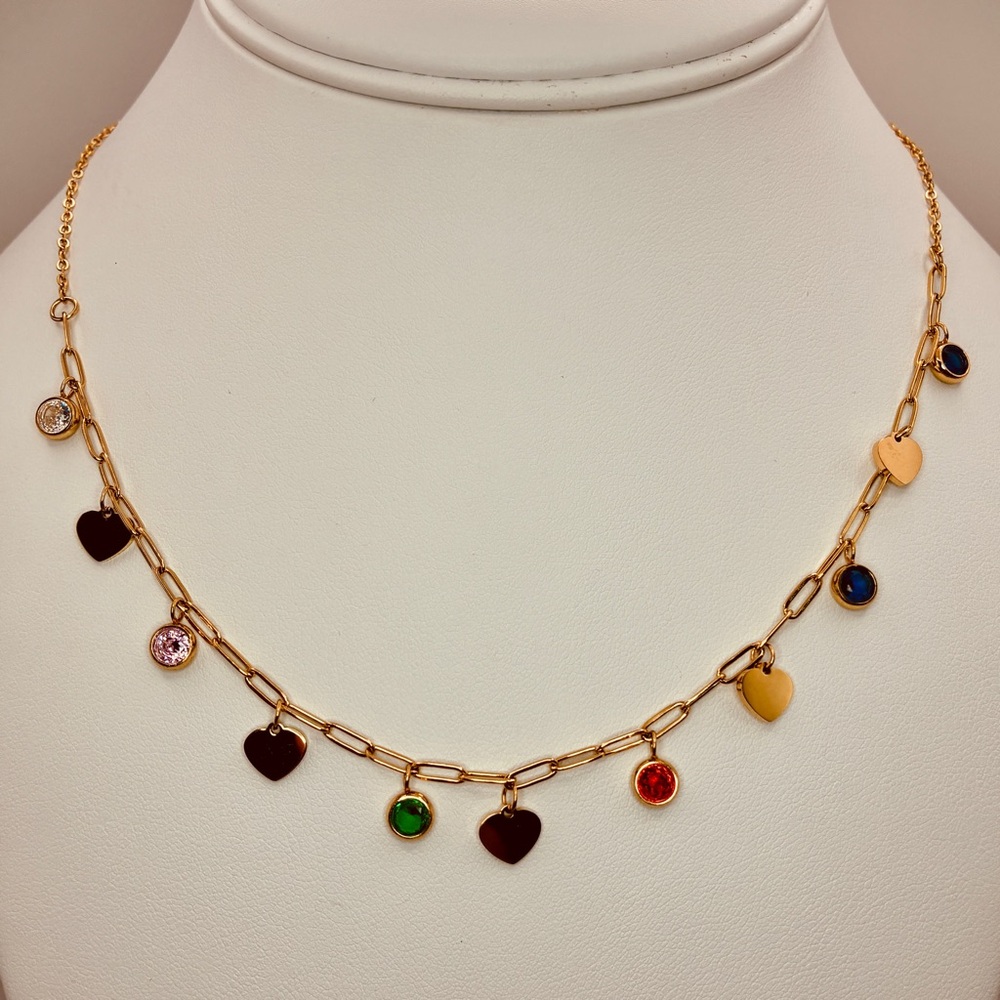 Free People Gold Paper Clip Necklace with Multicolor Crystals & Hearts Charms - Picture 6 of 8